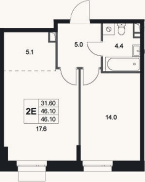 Планировка: 2-к, 46,1 м²