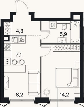Планировка: 2-к, 39,8 м²