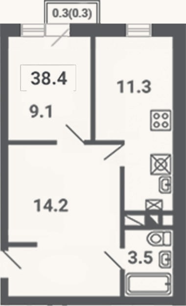 Планировка: 2-к, 38,1 м²