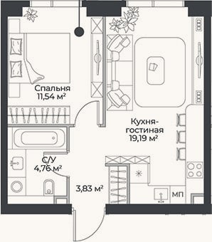 Планировка: 2-к, 39,3 м²