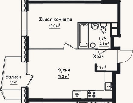 Планировка: 1-к, 40,6 м²
