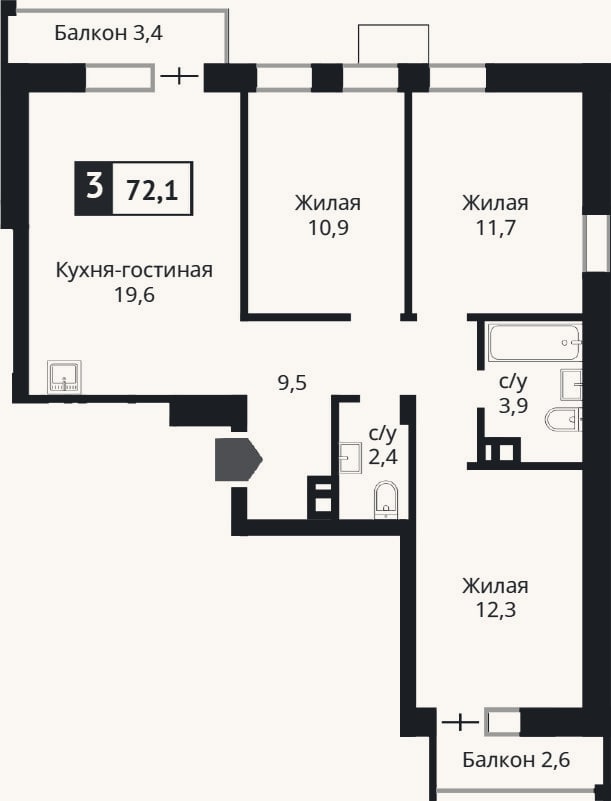 Планировка: 4+ к, 69 м²