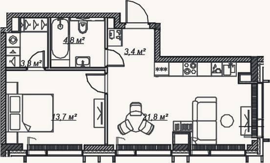 Планировка: 2-к, 47 м²