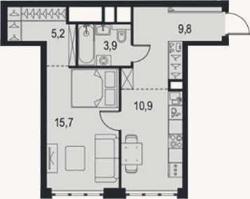 Планировка: 1-к, 45,5 м²