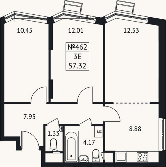 Планировка: 3-к, 57,3 м²