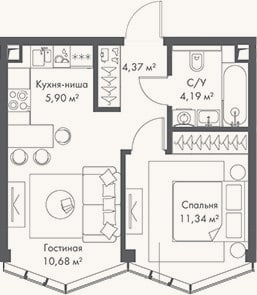 Планировка: 2-к, 36,5 м²