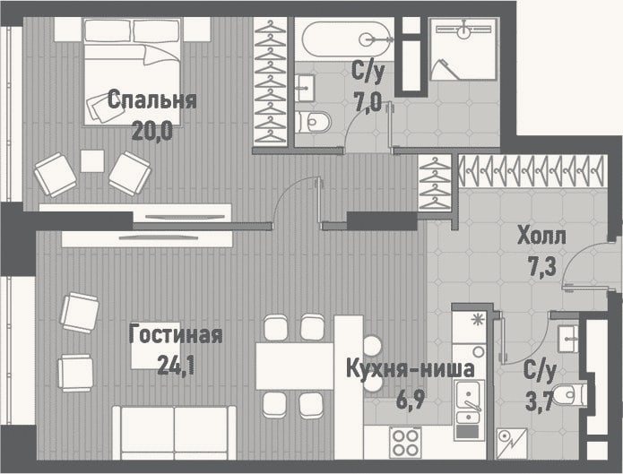 Планировка: 2-к, 69 м²