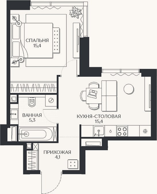 Планировка: 1-к, 40,2 м²