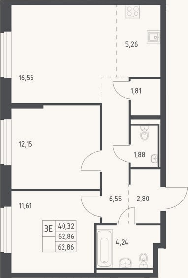 Планировка: 3-к, 62,9 м²