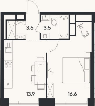 Планировка: 1-к, 37,6 м²