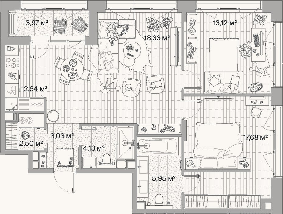 Планировка: 3-к, 77,4 м²