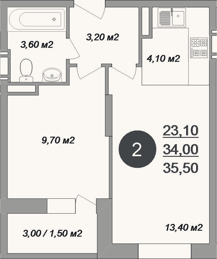 Планировка: 2-к, 34 м²