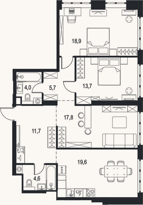Планировка: 4+ к, 96 м²
