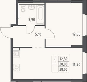 Планировка: 2-к, 38 м²