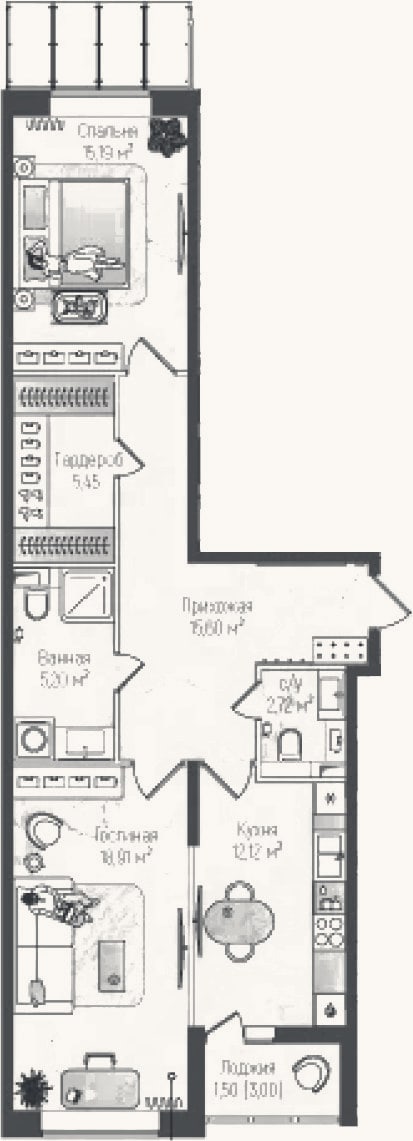 Планировка: 2-к, 74,9 м²
