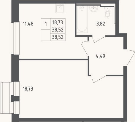 Планировка: 1-к, 38,5 м²