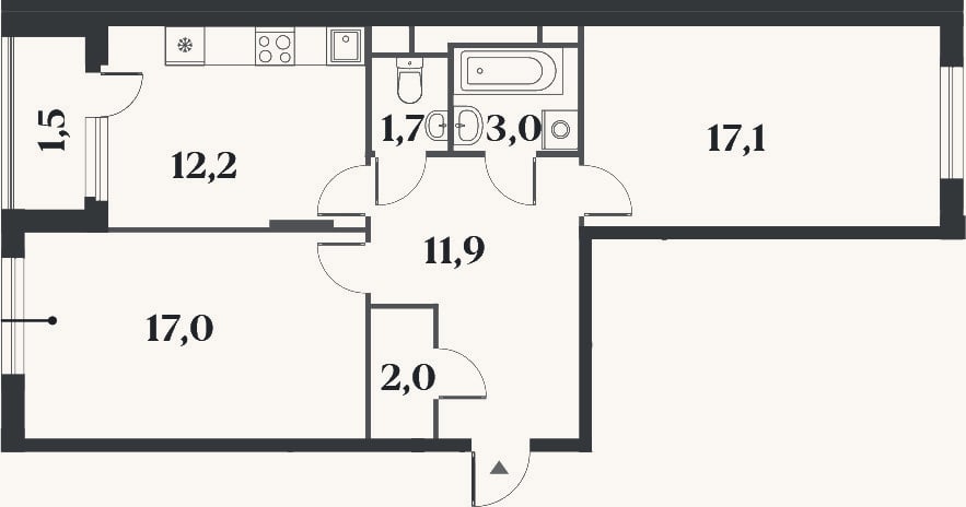Планировка: 2-к, 64,9 м²
