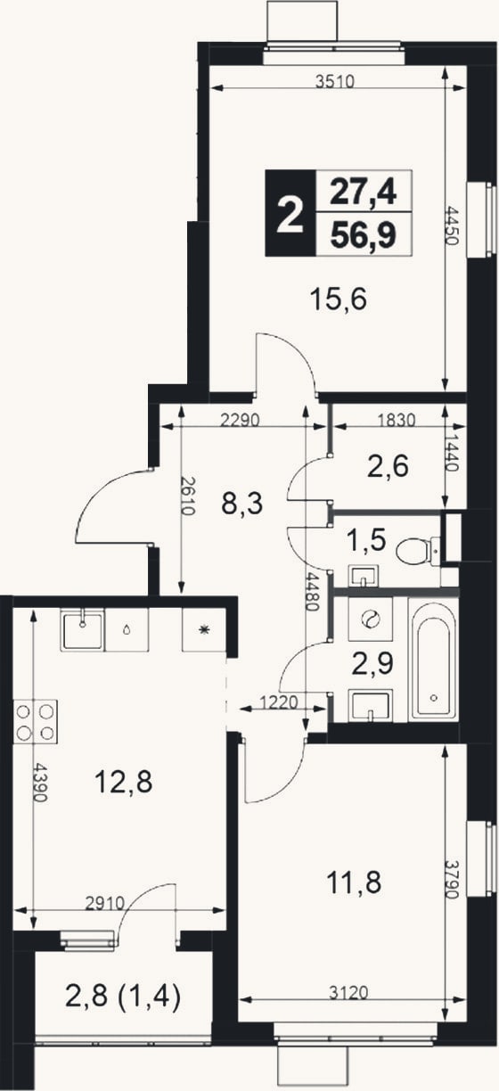 Планировка: 2-к, 55,5 м²