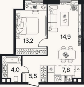 Планировка: 2-к, 45,1 м²