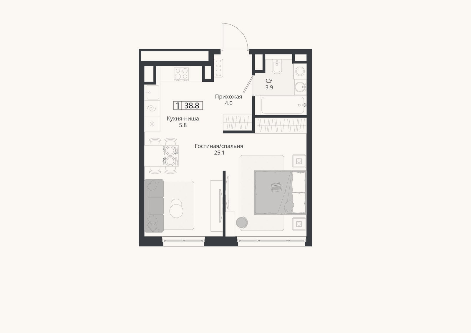 Планировка: Студия, 38,8 м²