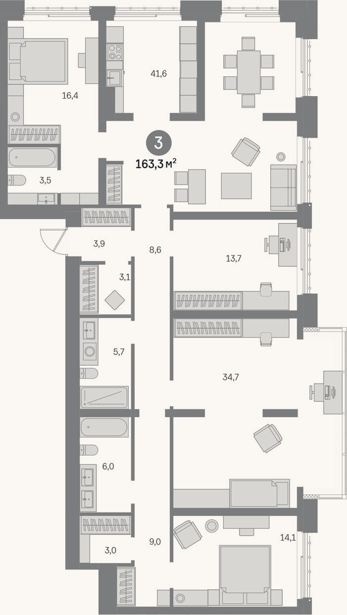 Планировка: 4+ к, 163,3 м²