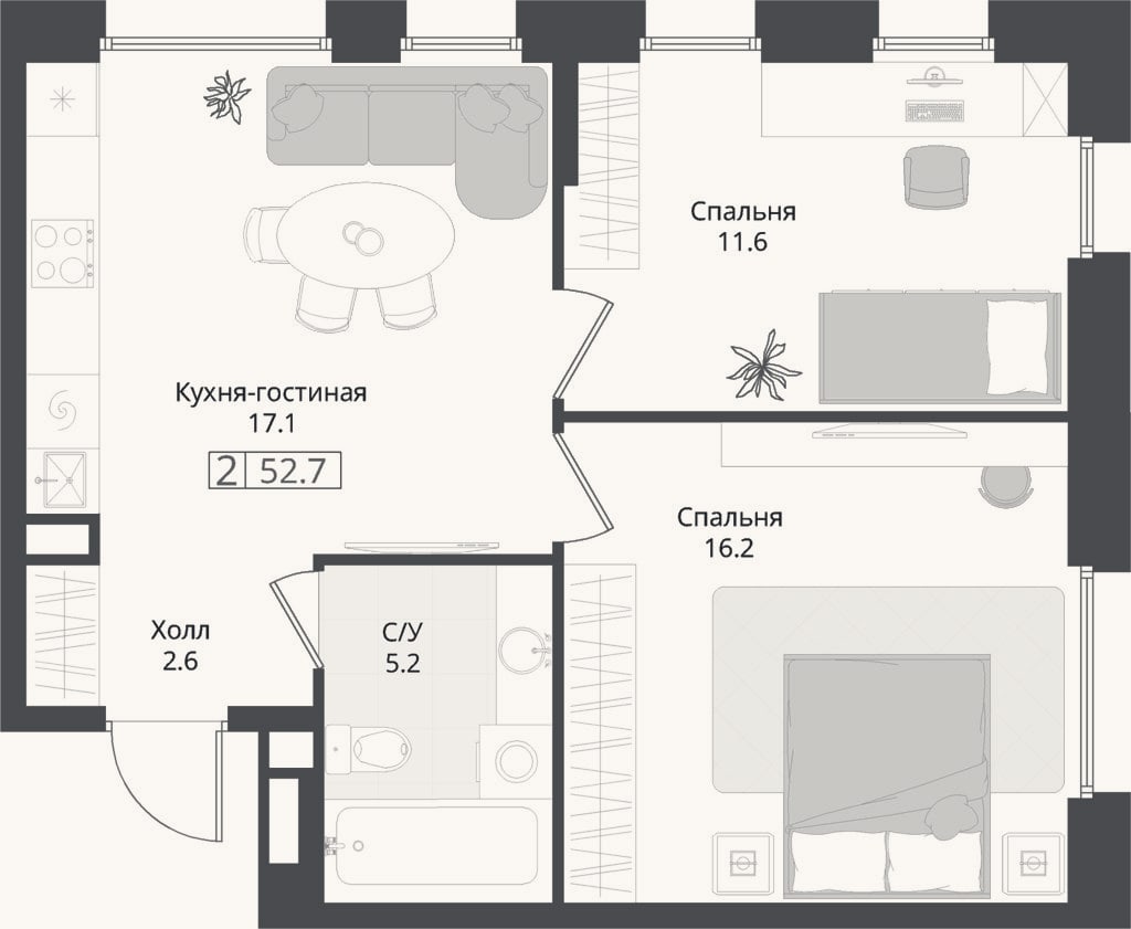Планировка: 2-к, 52,7 м²