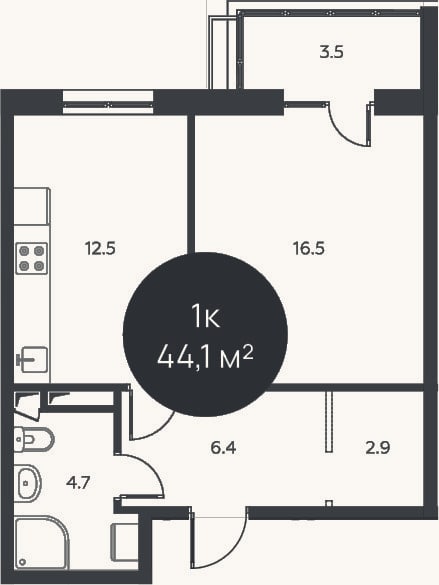 Планировка: 1-к, 43 м²