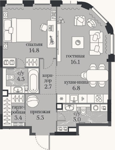 Планировка: 1-к, 58,4 м²