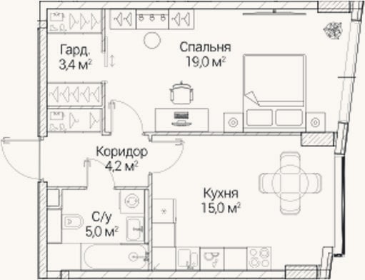 Планировка: 1-к, 46,5 м²