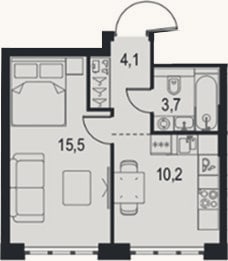 Планировка: 1-к, 33,5 м²
