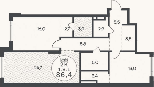 Планировка: 3-к, 86,4 м²