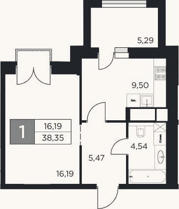 Планировка: 1-к, 35,7 м²