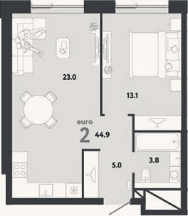 Планировка: 2-к, 44,9 м²