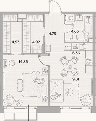 Планировка: 2-к, 49,9 м²