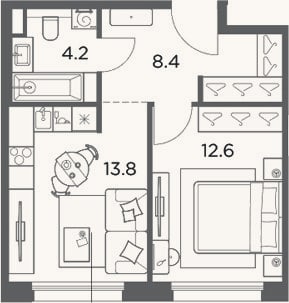 Планировка: 1-к, 39 м²