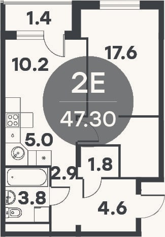 Планировка: 2-к, 44,5 м²