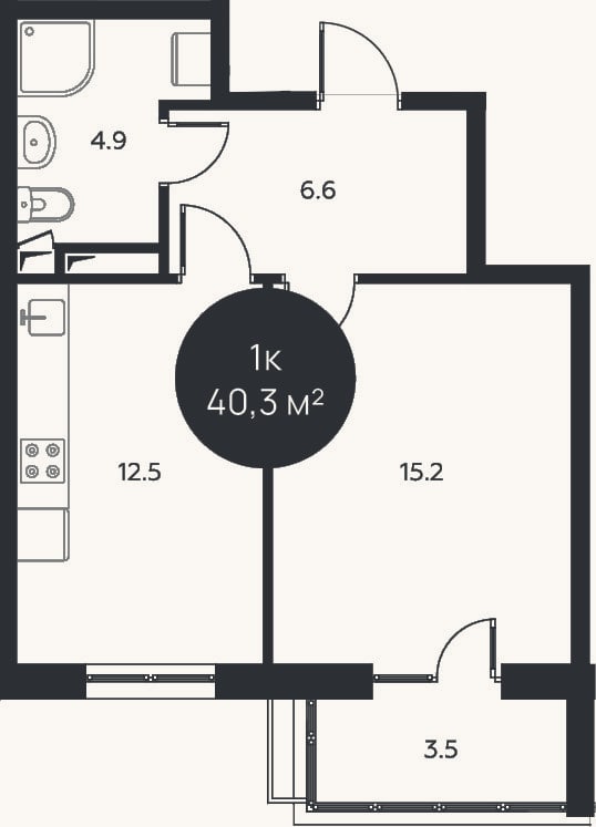 Планировка: 1-к, 39,2 м²