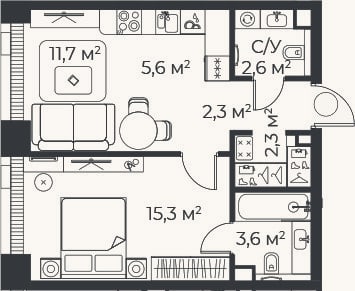 Планировка: 2-к, 43,4 м²