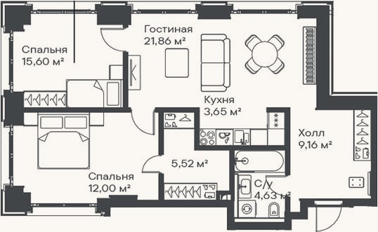 Планировка: 3-к, 72,4 м²