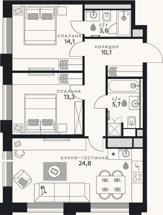 Планировка: 2-к, 71,6 м²