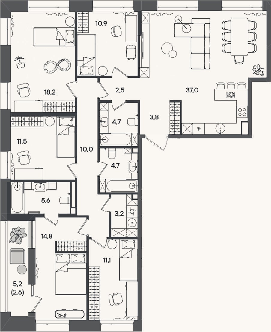 Планировка: 4+ к, 138 м²