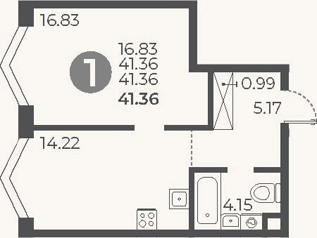 Планировка: 1-к, 41,4 м²