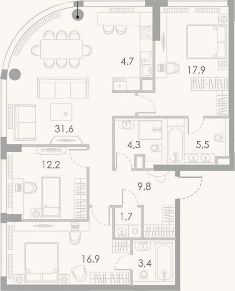 Планировка: 4+ к, 108 м²