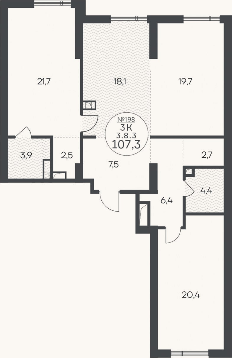 Планировка: 3-к, 107,3 м²