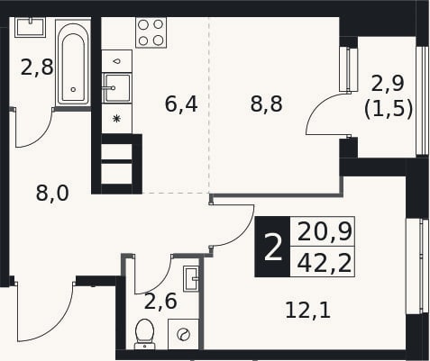 Планировка: 2-к, 40,7 м²