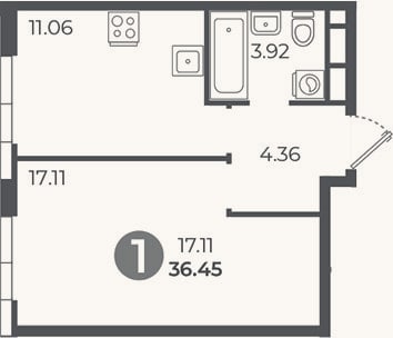 Планировка: 1-к, 36,5 м²