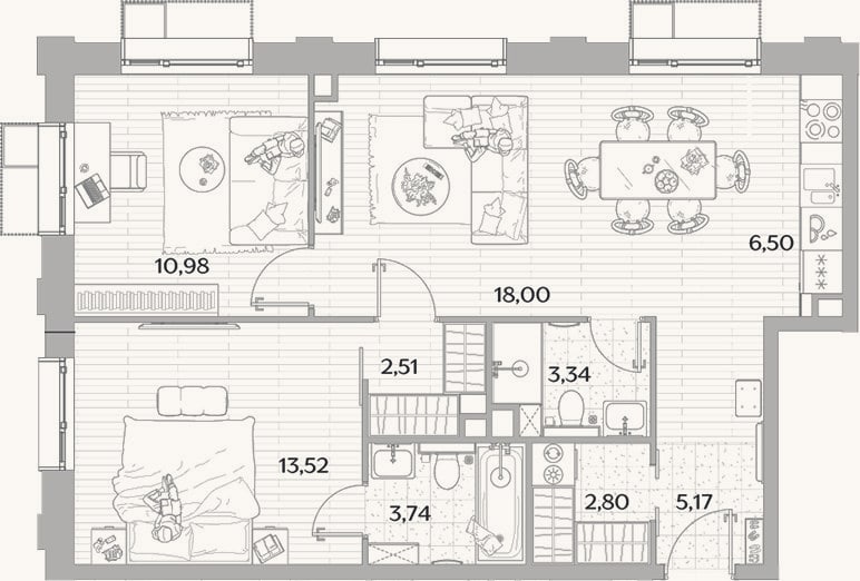 Планировка: 3-к, 66,6 м²