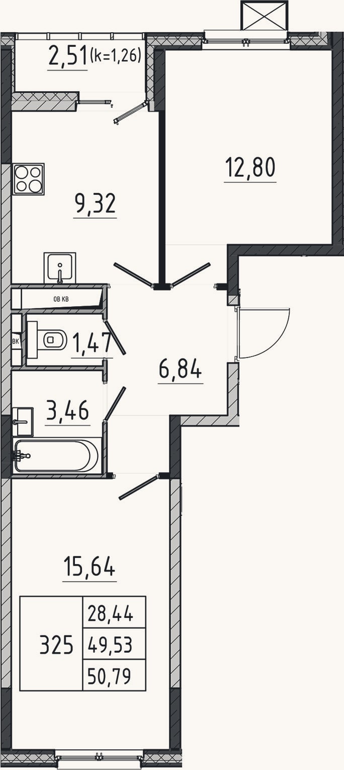 Планировка: 2-к, 49,5 м²