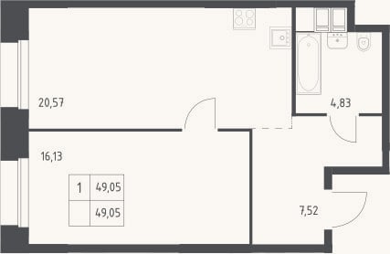 Планировка: 1-к, 49,1 м²
