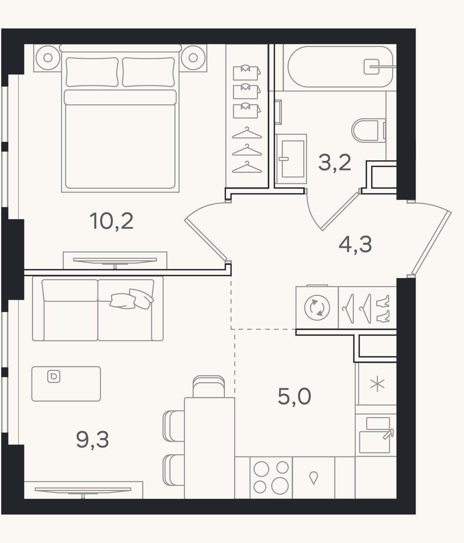Планировка: 2-к, 32 м²